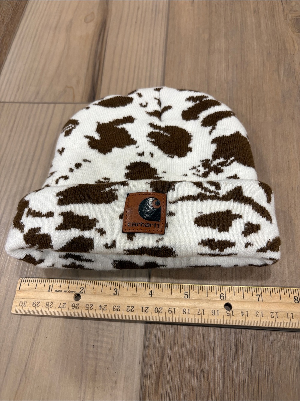 Carhartt Kids White & Brown Cow Print Cuffed Beanie
